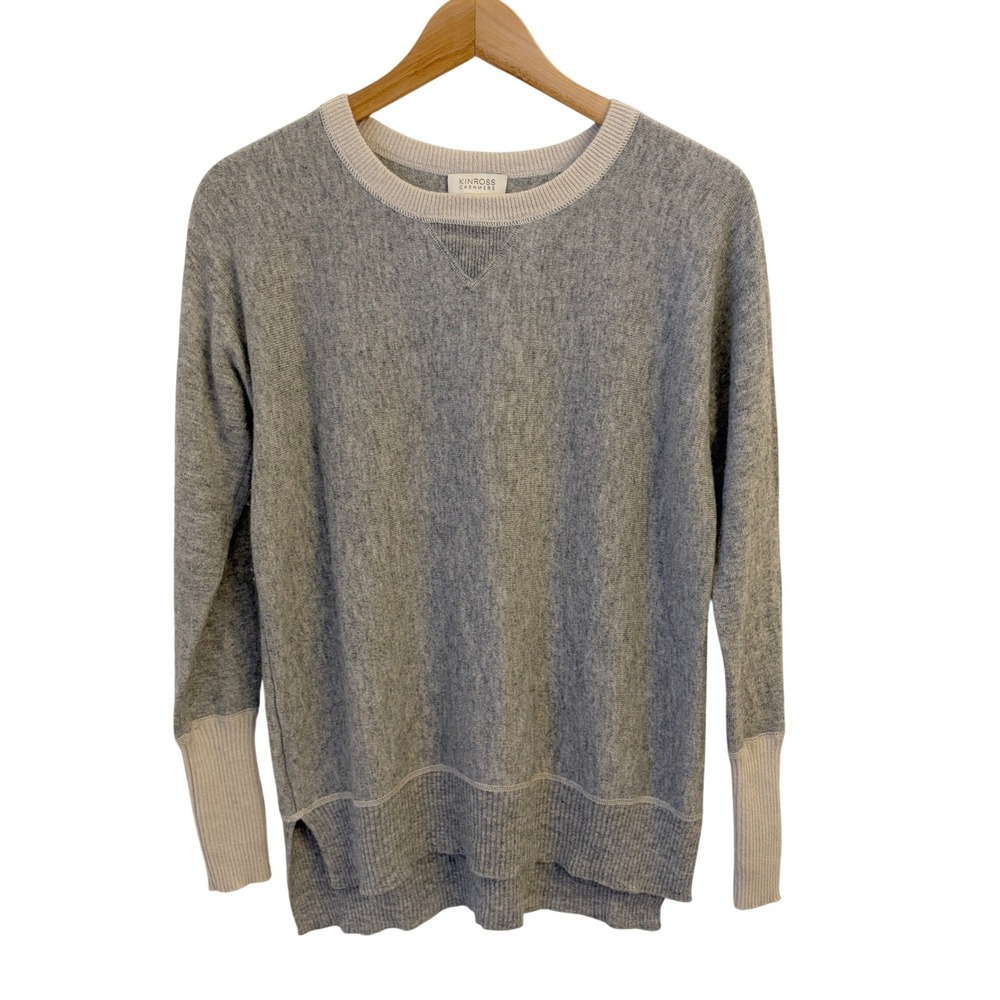 Kinross Cashmere Sweater Women XS Minimalist Relaxed Fit Quiet Luxury Gray Cream